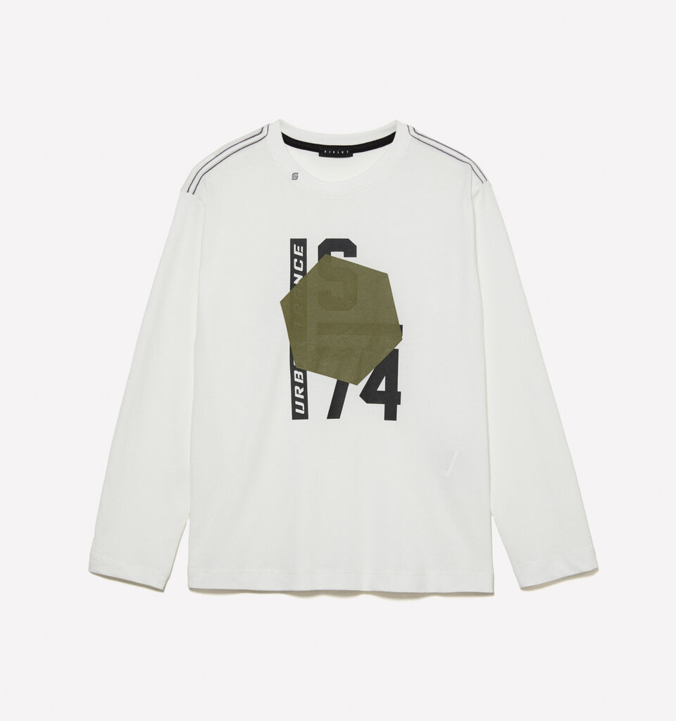 White t-shirt with embossed print - boys' long sleeve t-shirts - White | Sisley Young image number 1